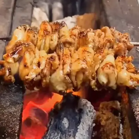 炭の炎の上で焼くかわ